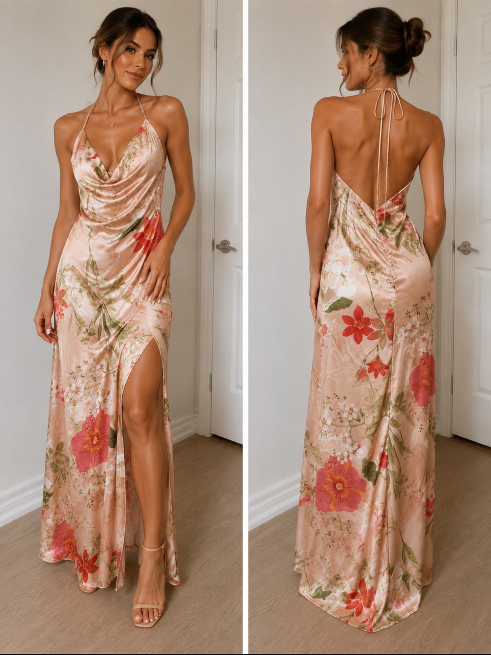 Lulu's Blush Pink Floral Satin Backless Cowl Maxi Dress
